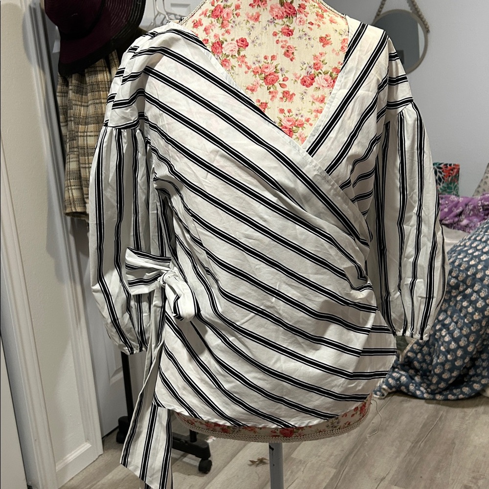 White House Black Market Black and White Striped Blouse